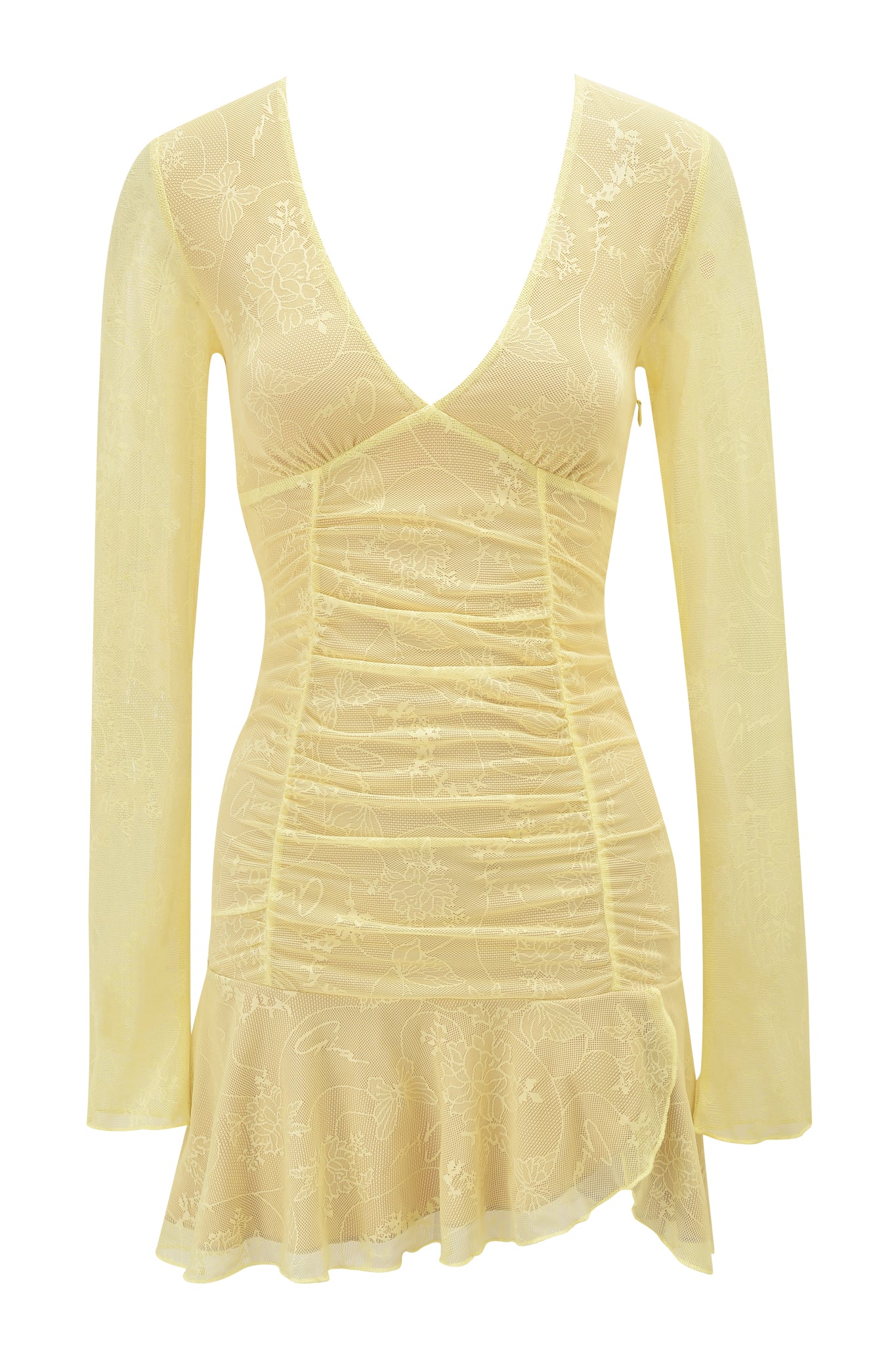 YVETTE LACE LONG SLEEVE RUCHED MINI DRESS - YELLOW - Image 5